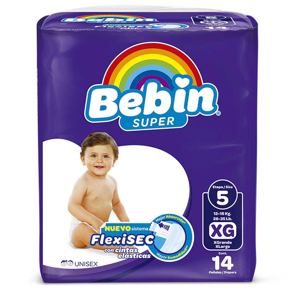 BEBÍN SUPER (PAÑAL DESECHABLE) TAMAÑO EXTRA GRANDE BOLSA CON 14 PIEZAS